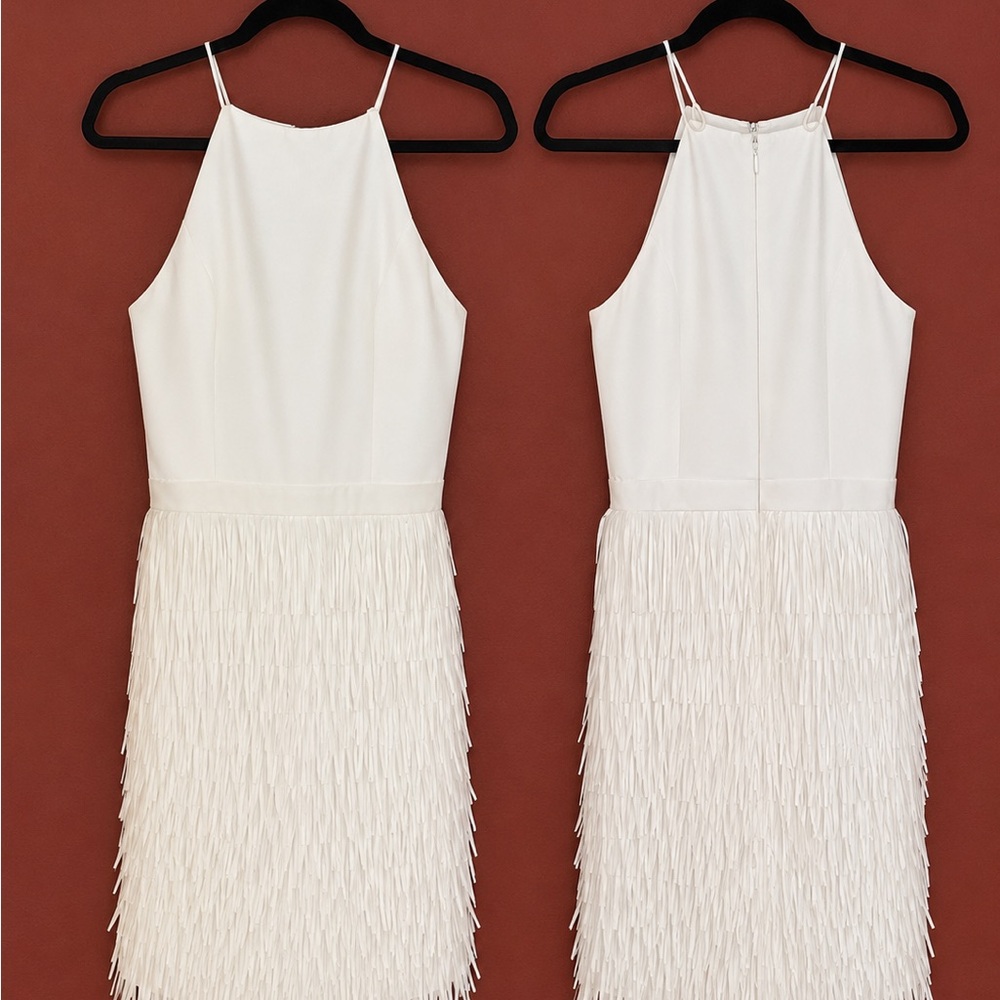Aidan Mattox Ivory Fringe Halter Midi Dress
